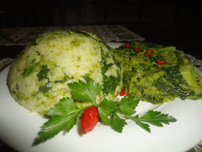 Kuskus so zeleninou-cime di rape(nieco medzi repkou a brokolicou)